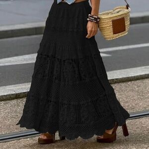 NWT Chouyatou Lace Crochet Black Knit Floral Boho Maxi Skirt Half Lined Size XL